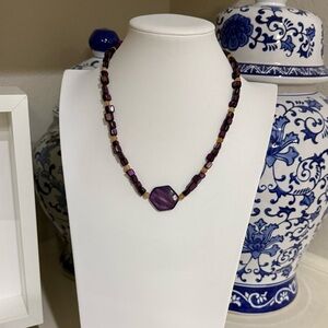 Vintage Purple and Peach Beaded Necklace With Silver Tone Clasp